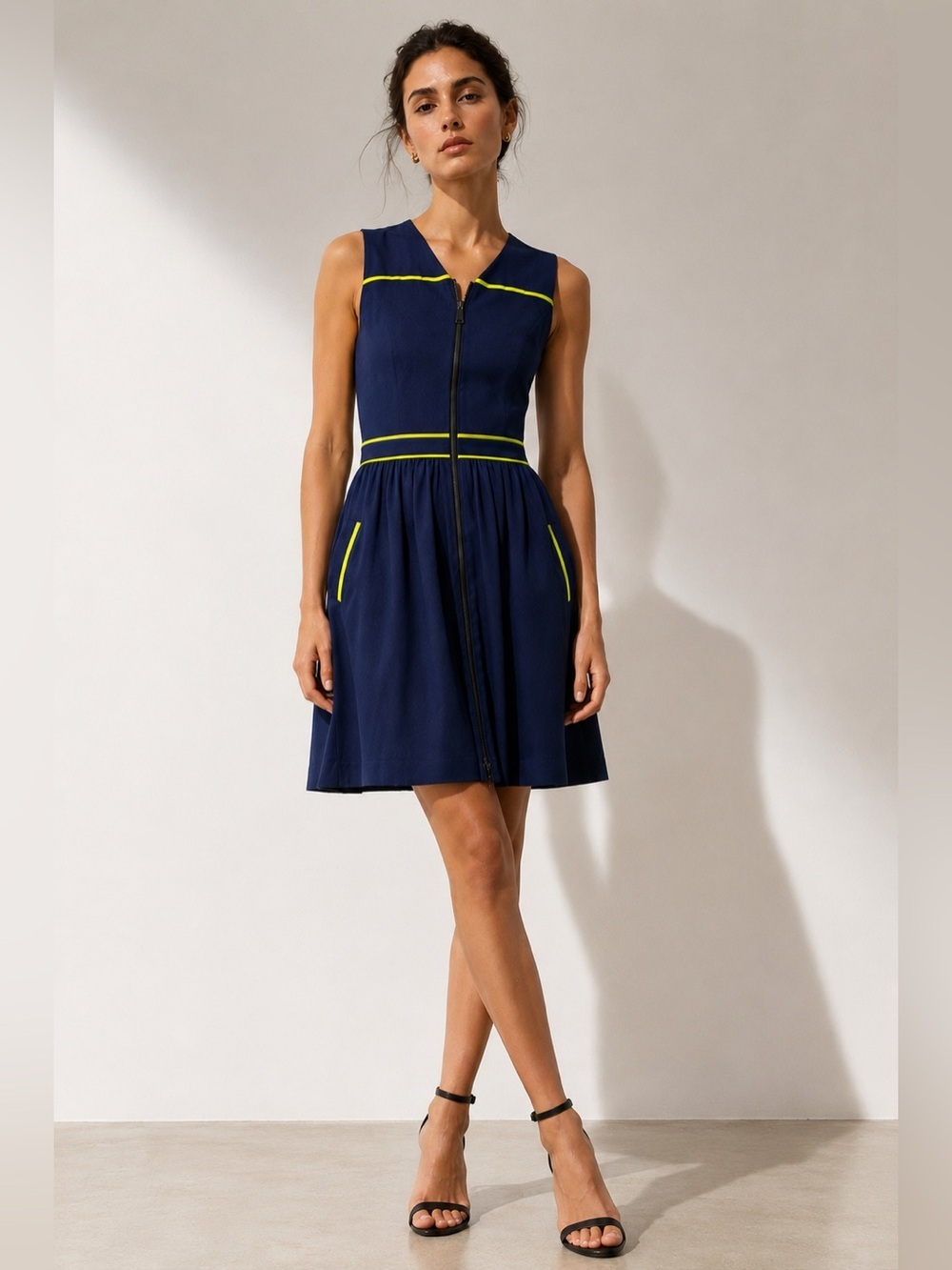 Jason Wu Navy Sleeveless Fit & Flare Dress Size 10 Neon Trim Pockets